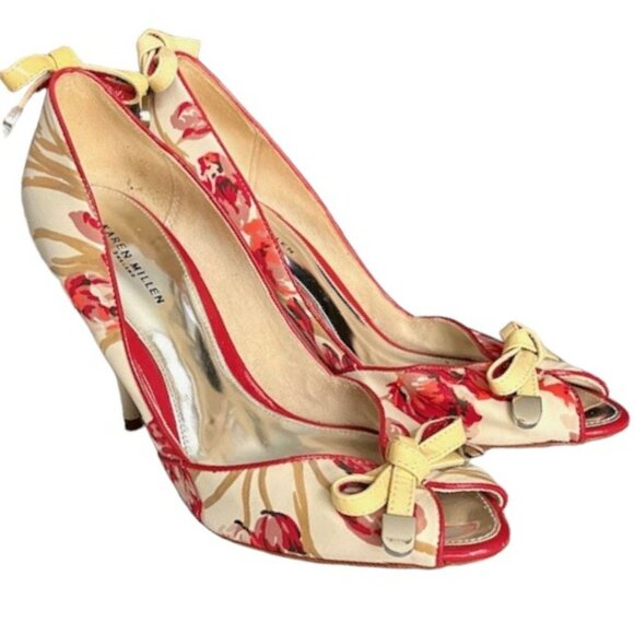 Karen Millen Floral Peep Toe Pumps - Patent Leather/Fabric - EU 38/US 7-8 - Picture 1 of 12
